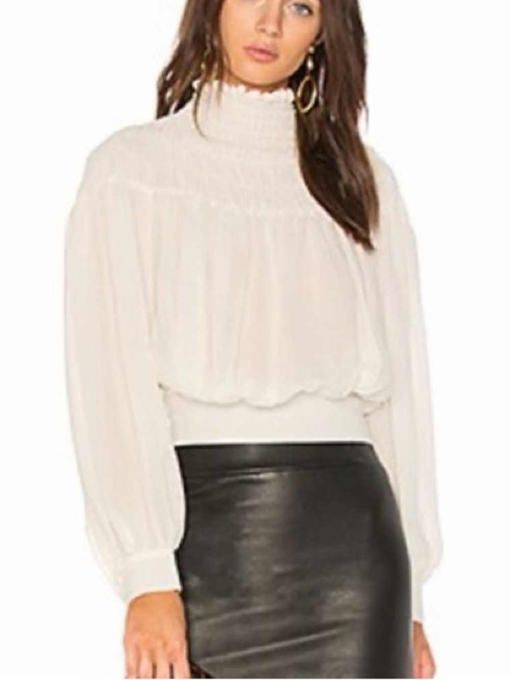 Frame Denim Smocked High-Neck Long Sleeve White Blouse - Picture 4 of 6